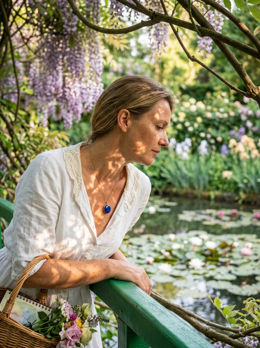 Scène éditoriale au jardin avec pendentif