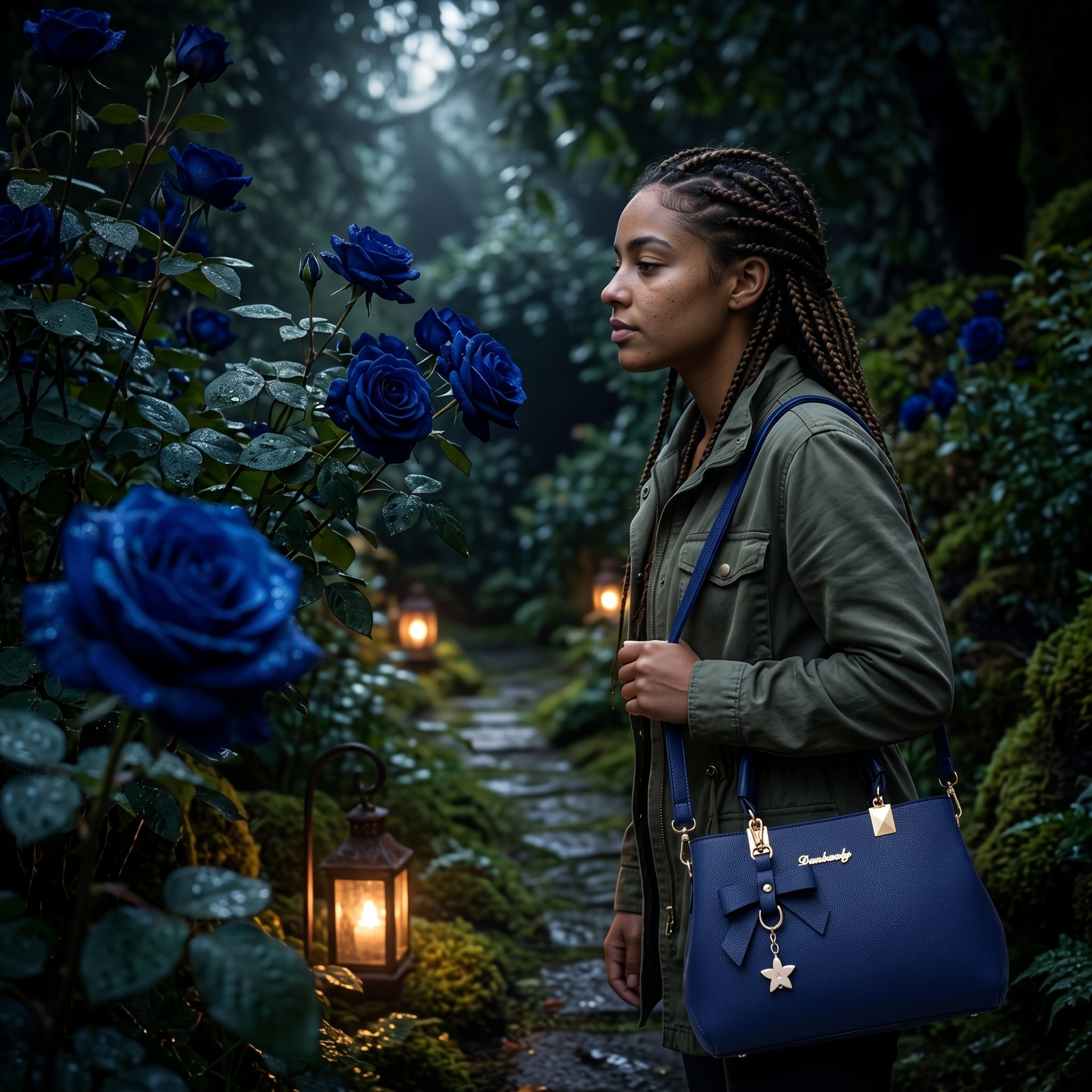 Mise en scène mode dans un jardin nocturne avec sac bleu